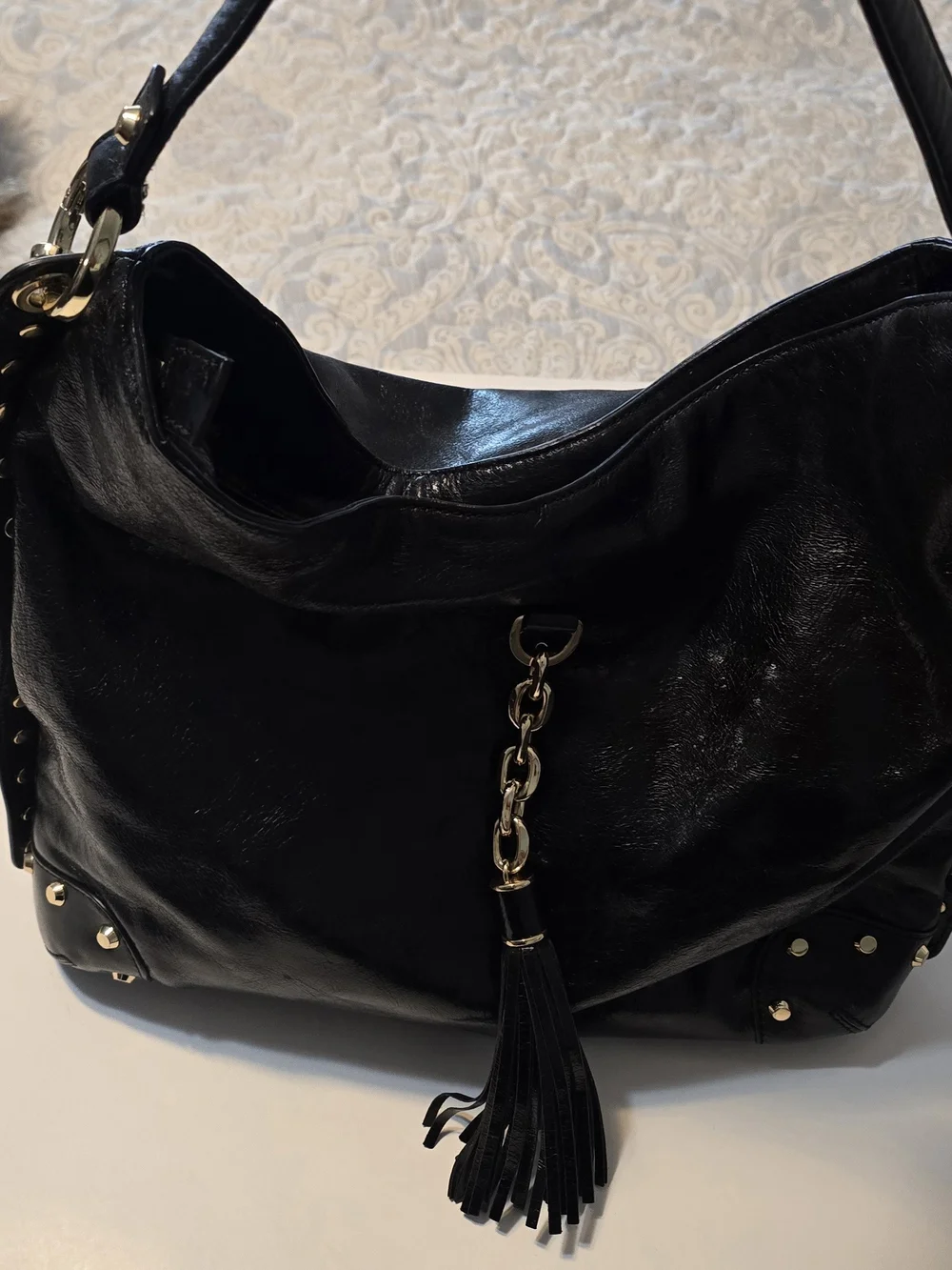 Michael Kors Black Leather Hobo with Gold Chain Tassel(26l